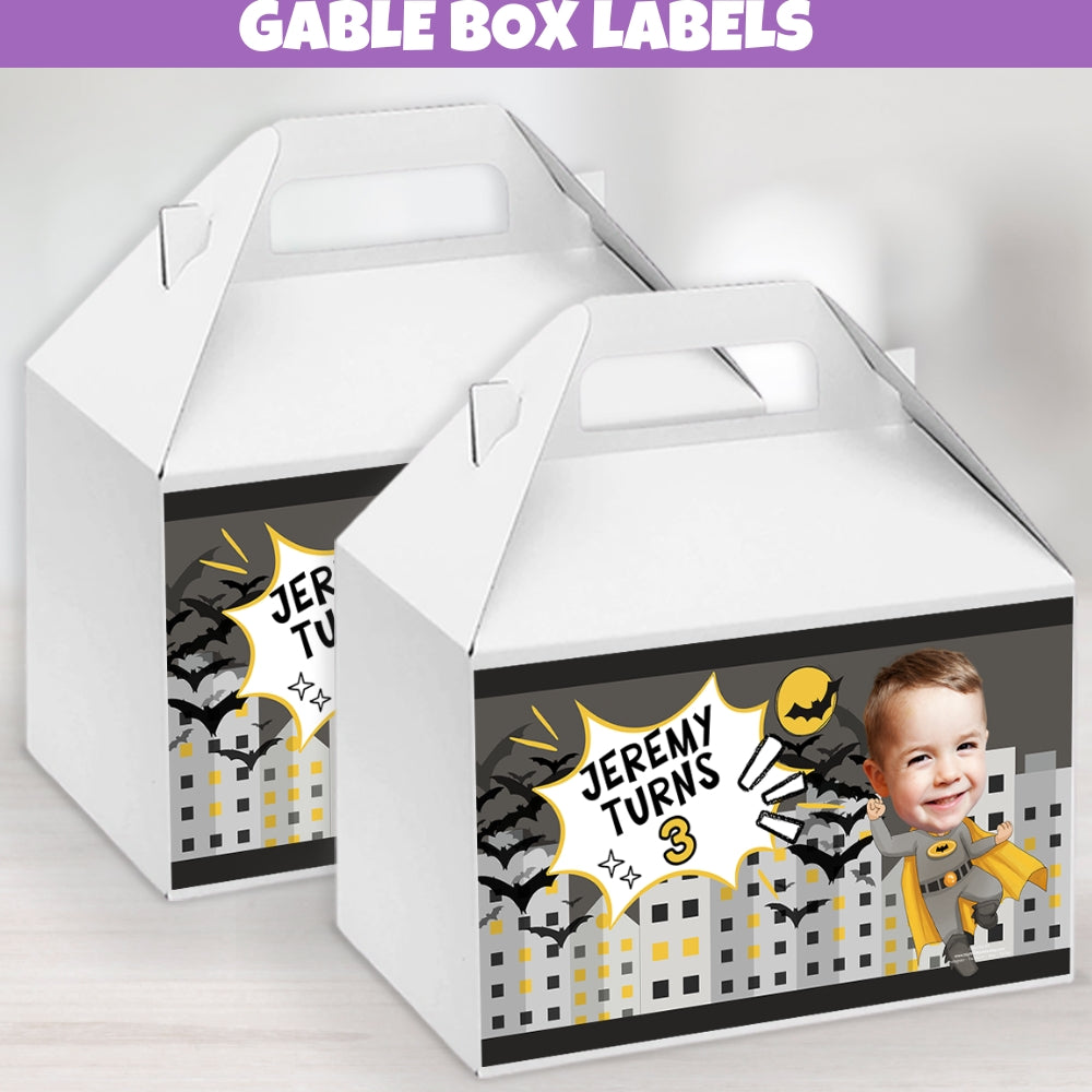 Personalized yellow and black superhero birthday party stickers for gable box party favor gift boxes, great for bat comic celebration