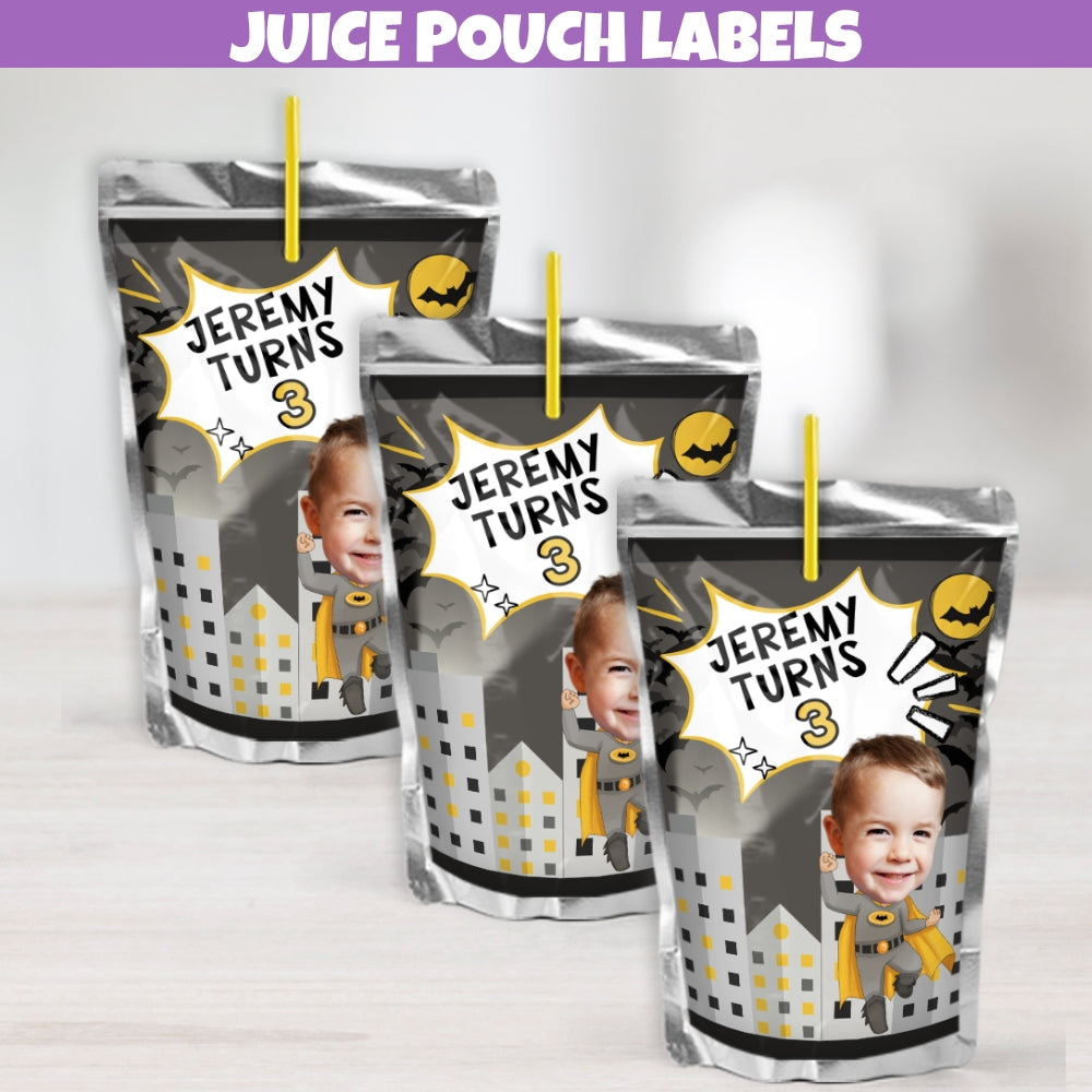 Bat superhero cartoon style personalized juice pouch labels for birthday parties, showcasing a fun and colorful cityscape design with a comic style