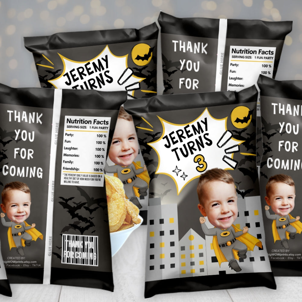 bat superhero birthday party supplies, cape superhero chip bag party favors