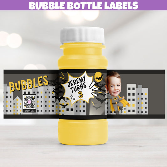 Custom Bat Themed Superhero Birthday Bubble Bottle Label Stickers, Personalized Comic Party Decorations, Black And Yellow Cape