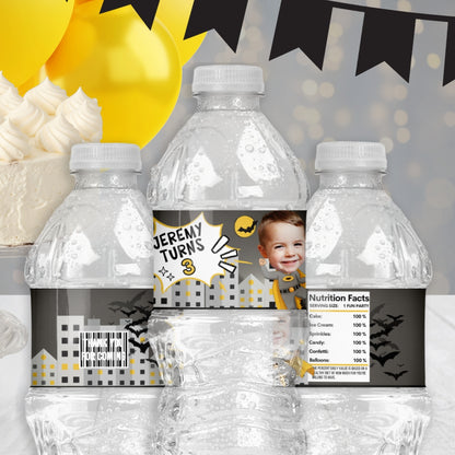 Bat Kid Comic Superhero Water Bottle Labels, Black Yellow Gray Cityscape, Bat Themed Birthday Party Decorations And Supplies