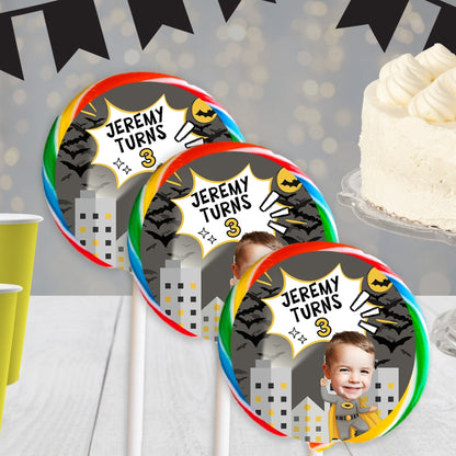 Personalized Bat Themed Birthday Lollipop Labels Customized With Photo Name Age, Gotham Cityscape, Comic Book Yellow Back Super Hero Cape