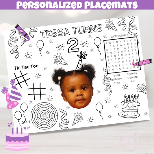 digital coloring page placemats personalized with photo of birthday person name and age, personalized word search also includes the birthday kids name, coloring page birthday activity sheets with cake star balloon confetti design