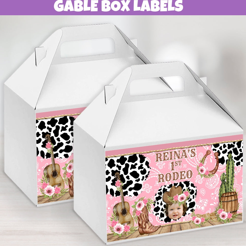 personalized rodeo birthday gable box label party favor stickers designed with floral cowgirl hat, cow print, and pink paisley design.