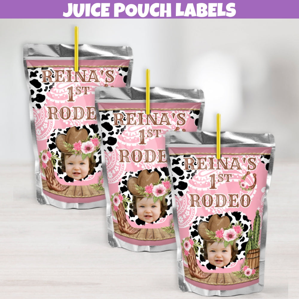 personalized rodeo birthday juice pouch sticker party favors designed with floral cowgirl hat, cow print, and pink paisley design.