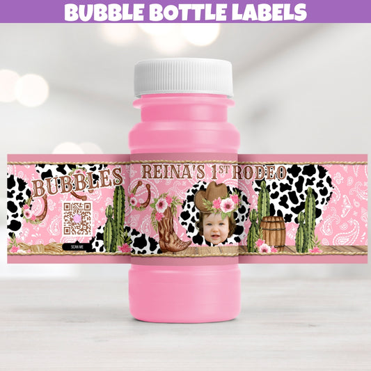 Pink cow print rodeo style birthday party bubble bottle label party favors personalized for girls birthday party decorations