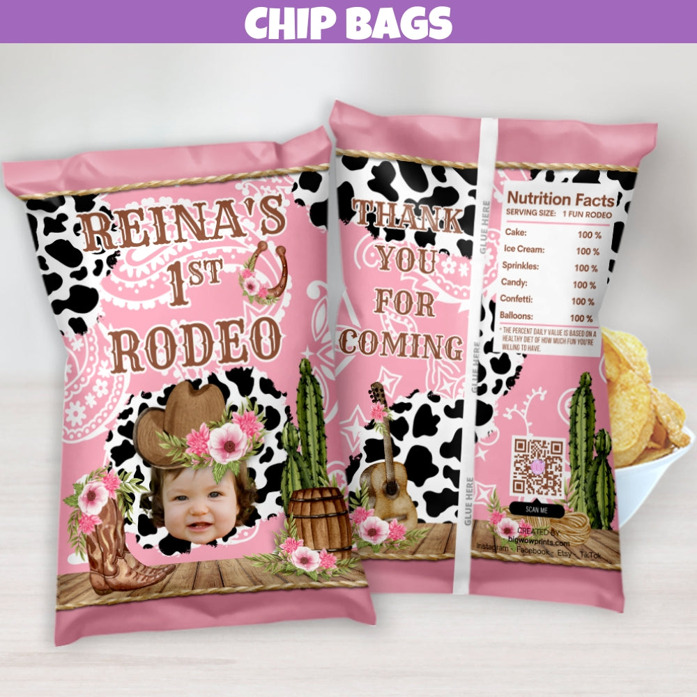 personalized rodeo birthday chip bag party favor bags designed with floral cowgirl hat, cow print, and pink paisley design.