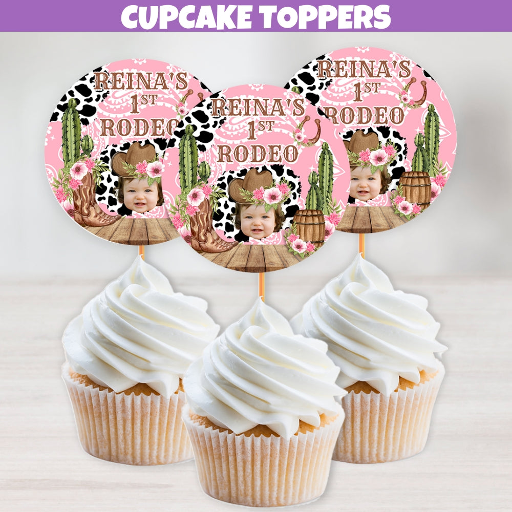 Pink rodeo cupcake toppers for girls western birthday party with cow print, paisley print, and a floral cowboy hat cowboy boots