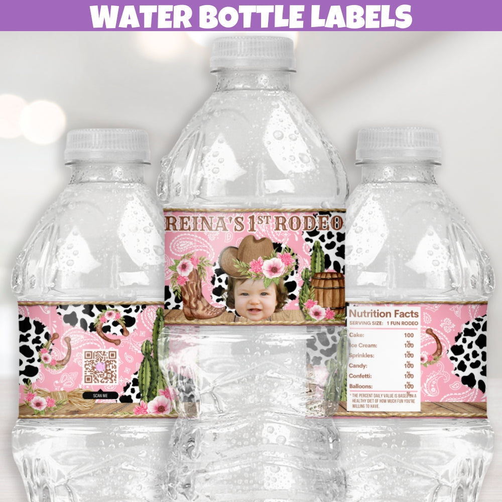 Pink rodeo birthday water bottle labels,  cowboy cowgirl 