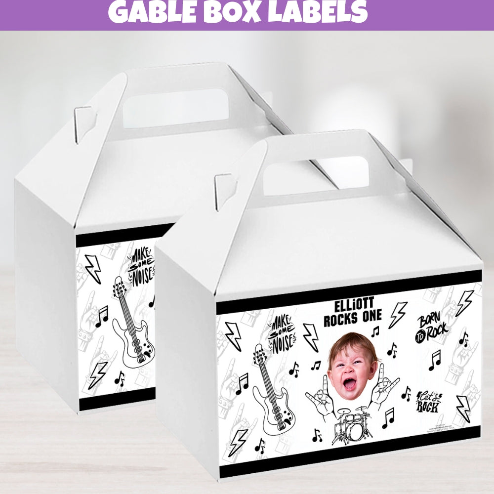 Rock star gable box labels, Rock and roll birthday party decorations, guitar, drum set, lightening bolts, born to rock