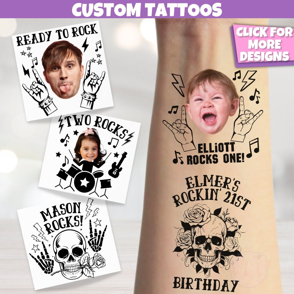 funny rock and roll party ideas, two rocks, ready to rock, rock star birthday party temporary tattoos for kids adults