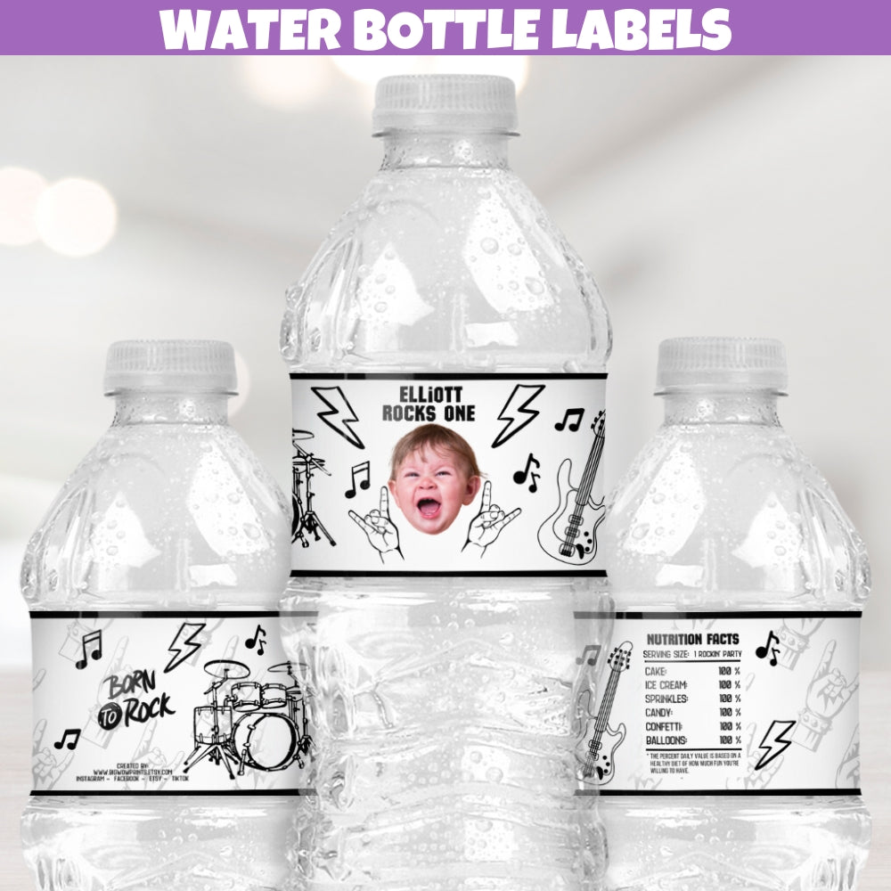 Rock and roll water bottle labels, rock and roll party decorations, born 2 rock 2nd birthday party supplies, rock and roll party favors personalized