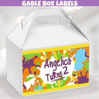 editable art themed birthday party gable box label stickers, instant digital download party supplies, paint splatter birthday stickers, Retro 90s Rats Babies cartoon inspired party favor labels, painting party kits for adults, painting party kids for kids, crayon birthday decorations, gable box gift labels, drink and juice pouch wrappers, slime lollipop stickers, paintball cupcake toppers, colorful messy slime party decorations for girls