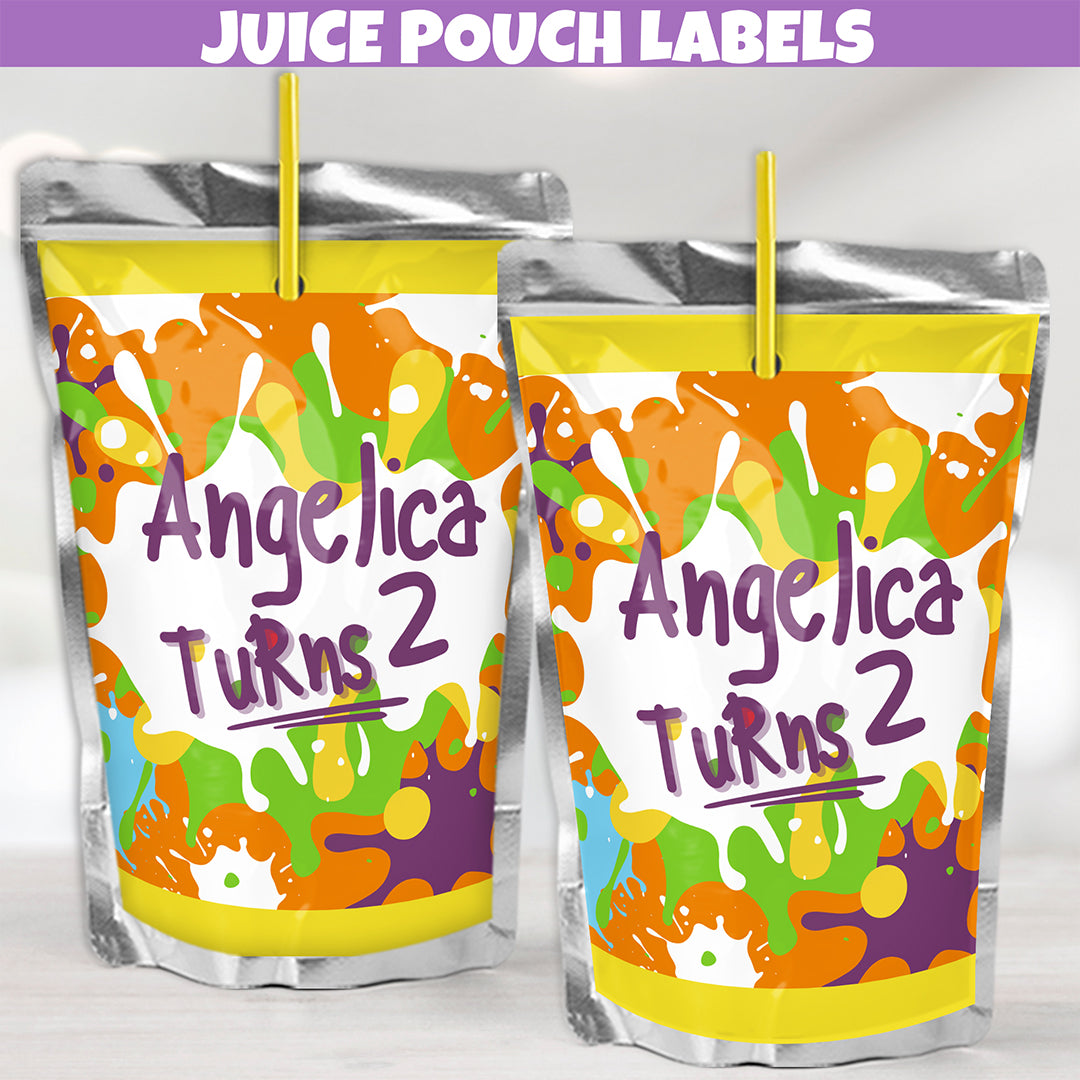editable art themed birthday party juice pouch labels, instant digital download colorful paint splatter party supplies, paintball birthday stickers, Retro 90s Rats Babies cartoon inspired party favor labels, painting party kits for adults, painting party kids for kids, crayon birthday decorations, gable box gift labels, drink and juice pouch wrappers, slime lollipop stickers, paintball cupcake toppers, colorful messy slime party decorations for girls