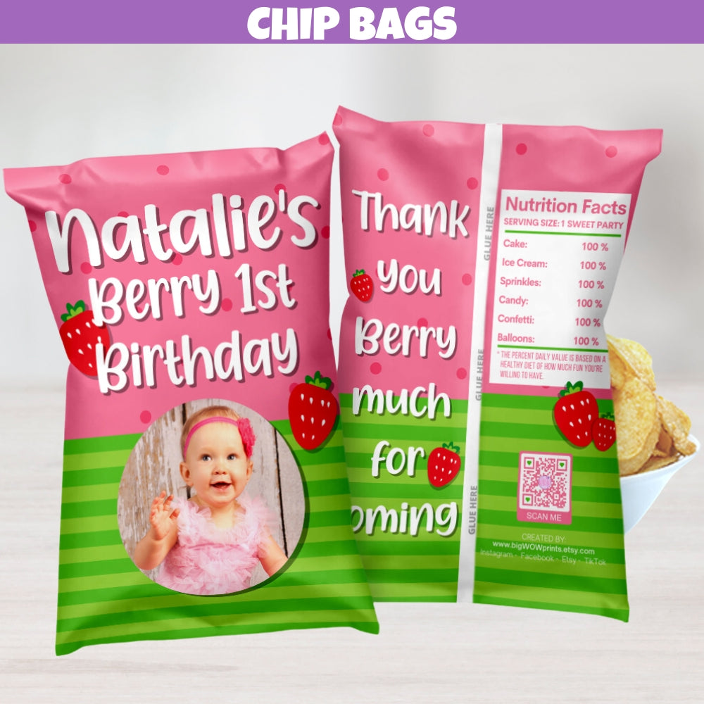 Strawberry Birthday Chip Bags - Sweet and festive party favor goodie bags adorned with delightful strawberries, perfect for a berry-themed celebration.