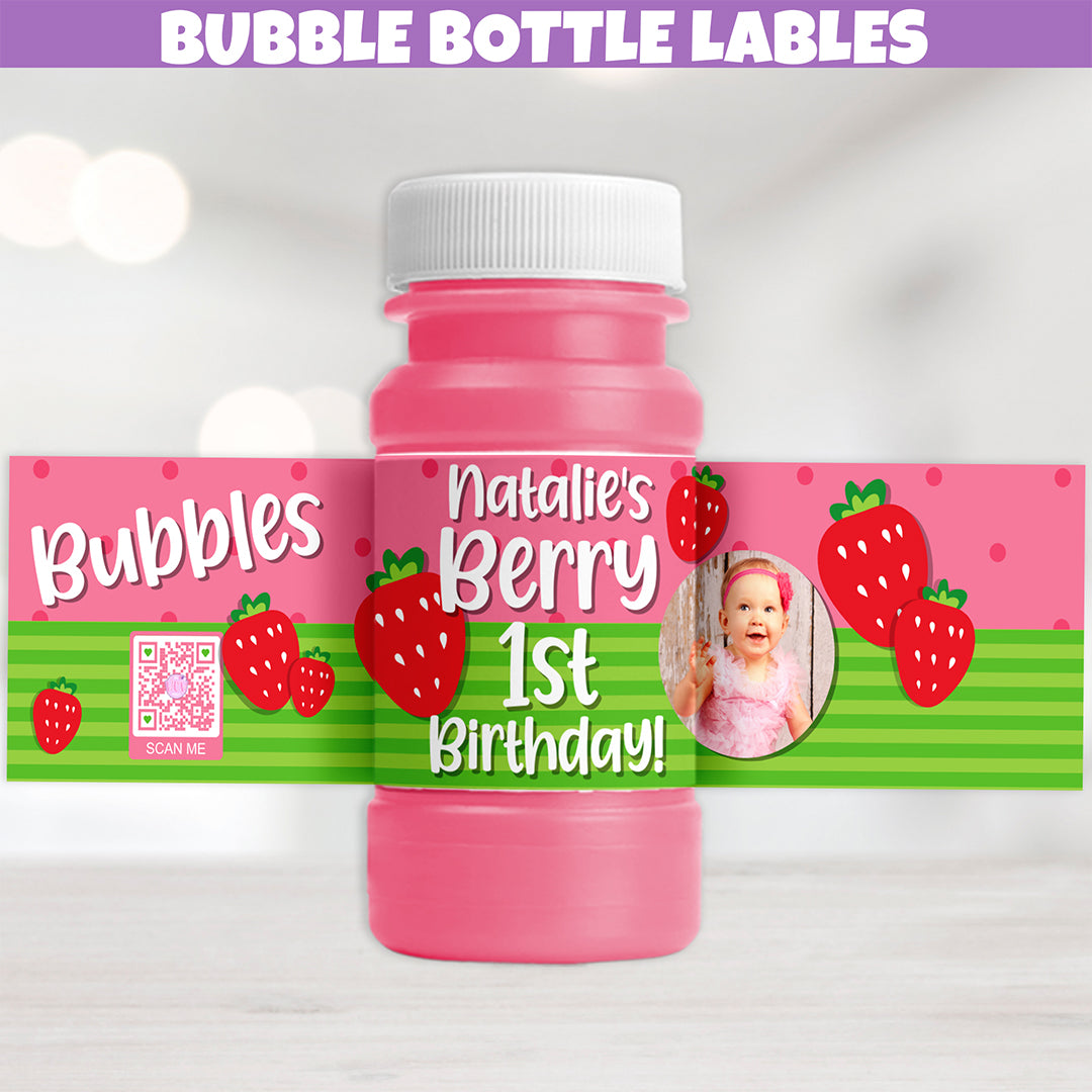 Strawberry Birthday Party, Strawberry Birthday Party decorations, Strawberry bubble bottle labels, personalized bubble bottles, girl birthday party ideas, girl birthday gifts, strawberry party favors for little girls, one berry cute baby shower