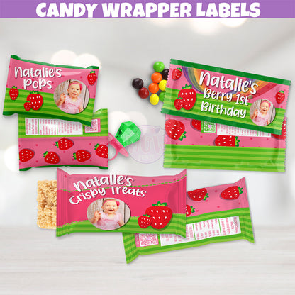strawberry themed candy wrappers that go over backs like rice crispy treats and ring pops, Strawberry Birthday Party, strawberry party tableware, strawberry birthday centerpiece, strawberry table decorations 