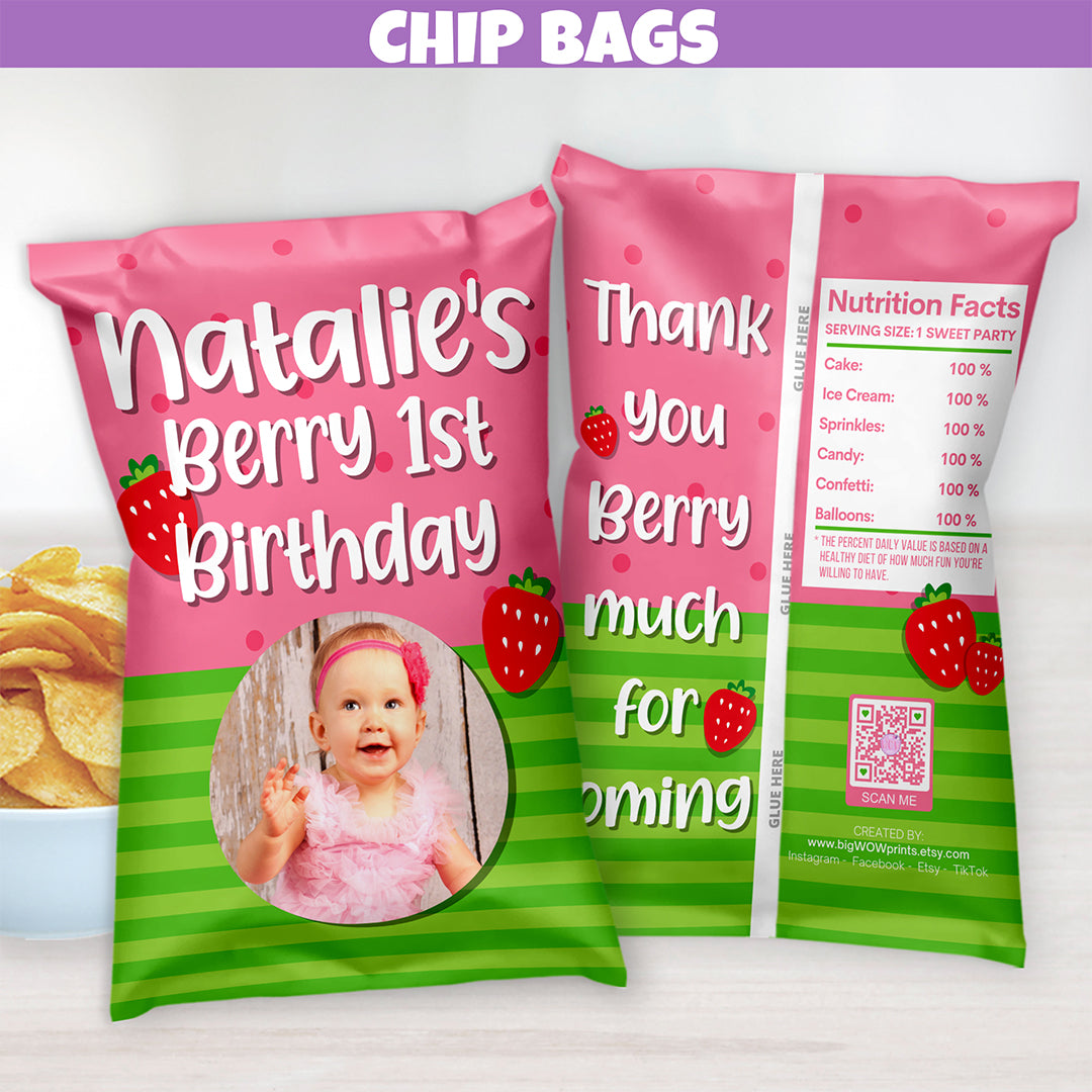 strawberry birthday party theme bags, strawberry party bags, strawberry chip bags, personalized chip bags, strawberry party decorations, berry 1st birthday gift bags, strawberry gift ideas, strawberry party ideas, one berry sweet a baby