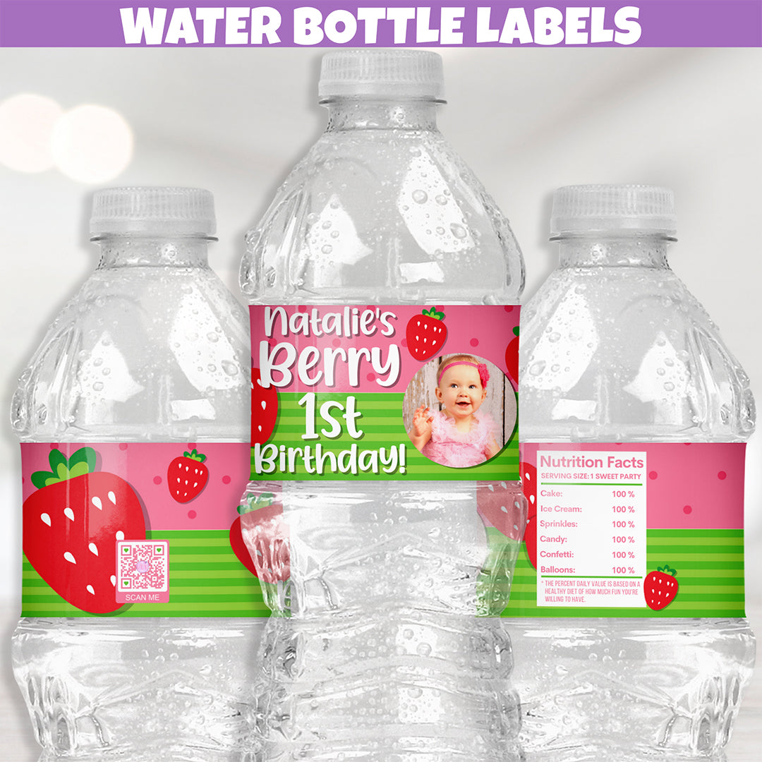 Strawberry Birthday Party Water Bottle Labels, Waterproof water bottle labels, personalized water bottle labels, 1st birthday water bottle labels, strawberry water bottle labels, strawberry themed drinks, berry first birthday ideas, berry cute baby shower, strawberry sticker labels, personalized water bottle labels for girl birthday, strawberry party tableware, strawberry centerpiece decorations